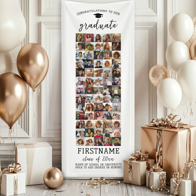 65 Photo Collage Graduation Modern Minimal White Banner (Custom Graduation Banner - Great for a backdrop or Grad Party Decoration)
