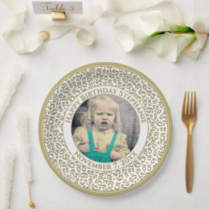 65 Your Photo Random Number Pattern Gold/White Paper Plate