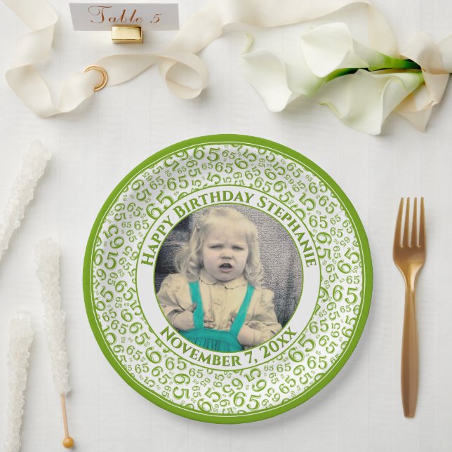 65 Your Photo Random Number Pattern Green/White Paper Plate (Wedding)