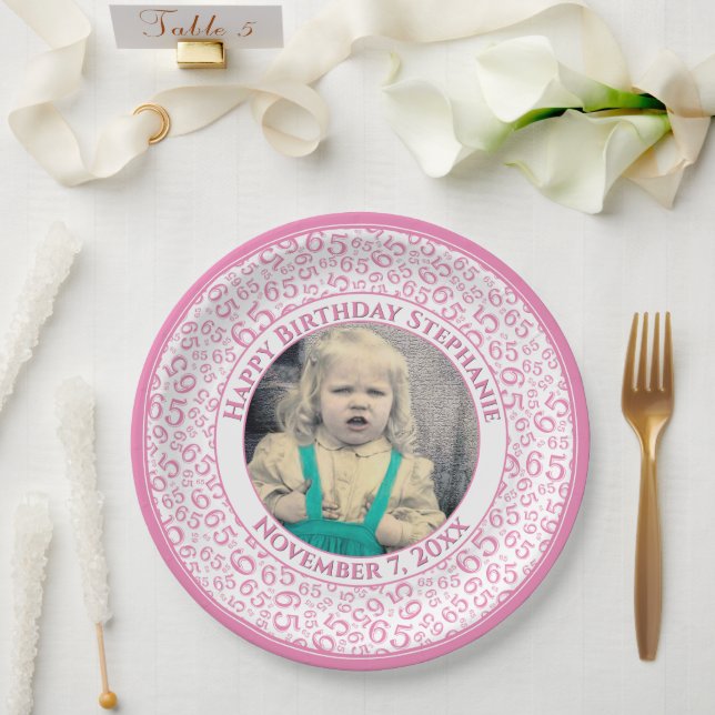 65 Your Photo Random Number Pattern Pink/White Paper Plate (Wedding)