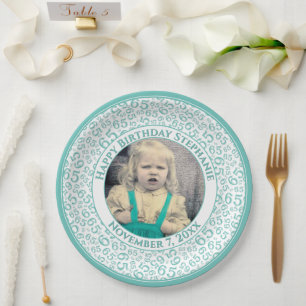 65 Your Photo Random Number Pattern Teal/White Paper Plate