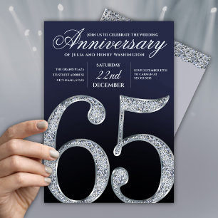 65th Anniversary Diamond Silver Navy Blue Modern Invitation