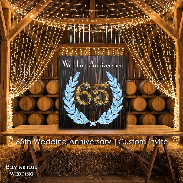 65th Anniversary | Sapphire, Rustic Wood & Gold Invitation (65th Wedding Anniversary Invite | Rustic Wood & Blue Sapphire Laurel. Size: 5.25” x 5.25”)