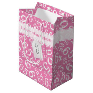 65th Biirthday Random Number Pattern Pink/White Medium Gift Bag