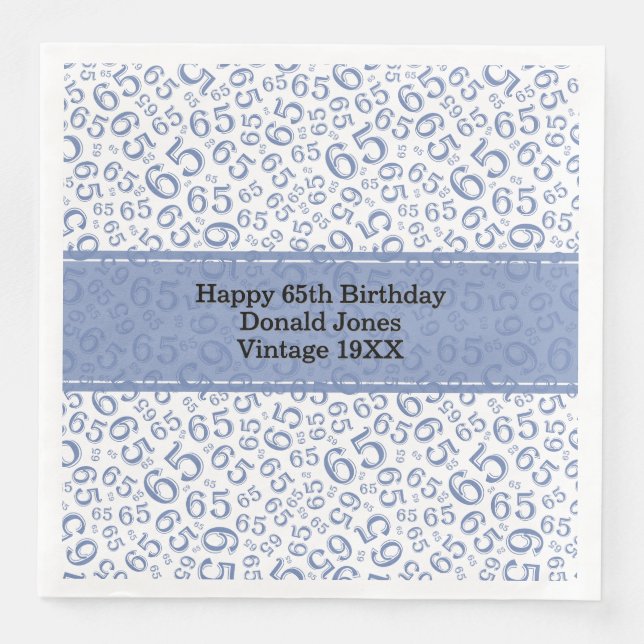 65th Birthday Age Number Pattern Blue/White Napkin (Front)
