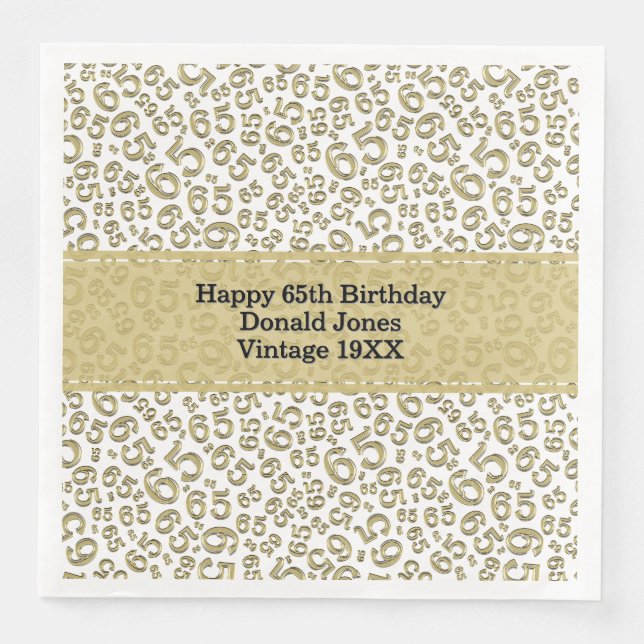 65th Birthday Age Number Pattern Gold/White Napkin (Front)