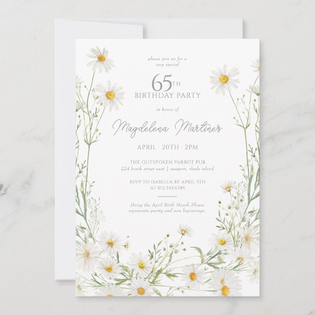 65th Birthday April Birth Month Flower Daisy Invitation (Front)