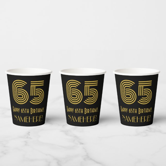 65th Birthday: Art Deco Inspired Look “65” & Name Paper Cups (Multi)