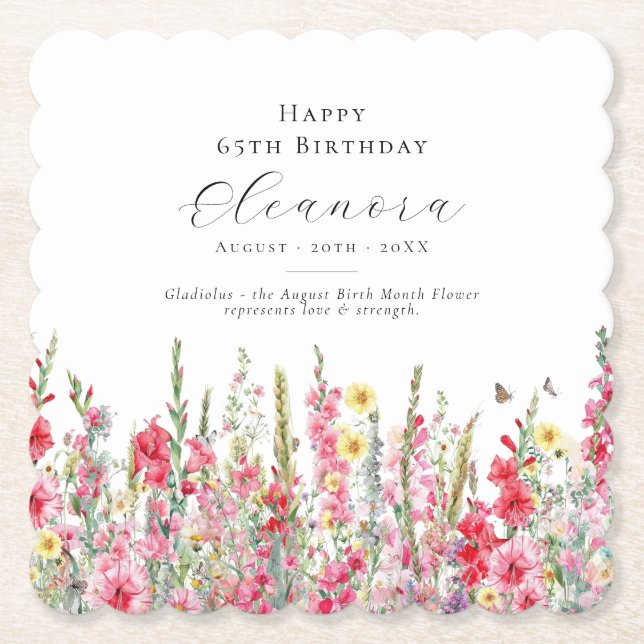 65th Birthday August Birth Month Flower Custom Paper Coaster (Front)
