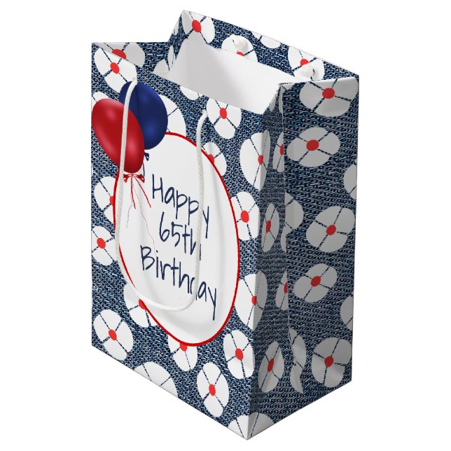 65th Birthday Balloons on Floral Denim Medium Gift Bag (Front Angled)
