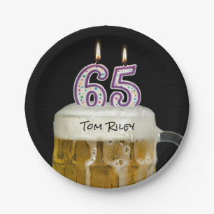 65th birthday beer with candles paper plate