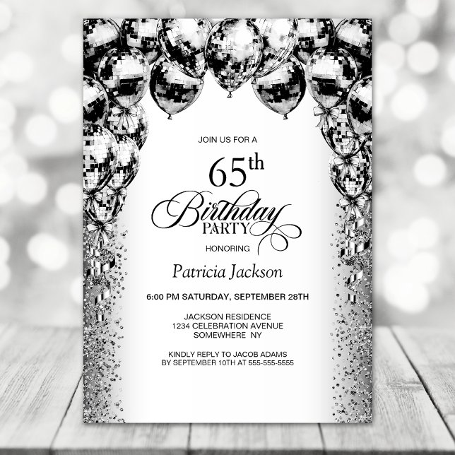 65th Birthday Black and White Balloons Party Invitation (Creator Uploaded)
