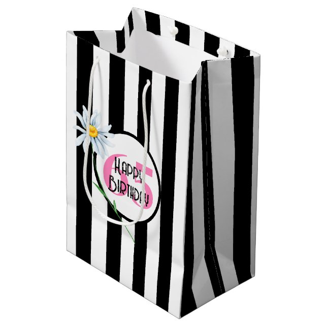 65th Birthday Black And White Stripes Medium Gift Bag (Front Angled)