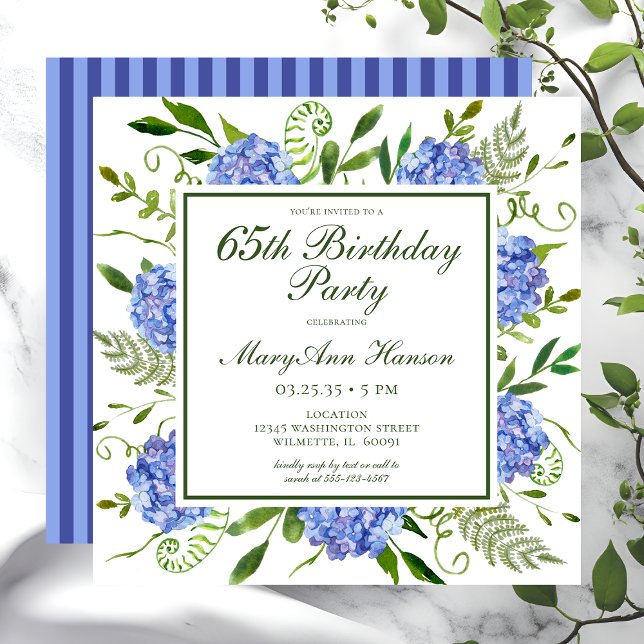 65th Birthday Blue Hydrangeas Script Invitation (Creator Uploaded)