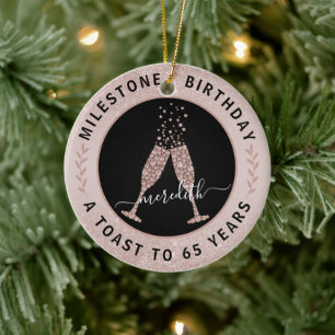  65th Birthday Blush Glitter Champagne Toast Name Ceramic Tree Decoration