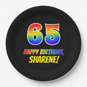 65th Birthday: Bold, Fun, Simple, Rainbow 65 Paper Plate