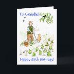 65th Birthday Card for a Grandfather<br><div class="desc">A 65th Birthday card for a grandfather with a man enjoying listening to the birdsong whilst tending the vegetable patch. The cat looks on and butterflies have come out in the sunshine,  from a watercolour painting by Judy Adamson. (Other ages and family members available on request.)</div>