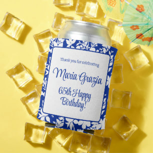 65th Birthday Chic Blue White Floral Can Cooler