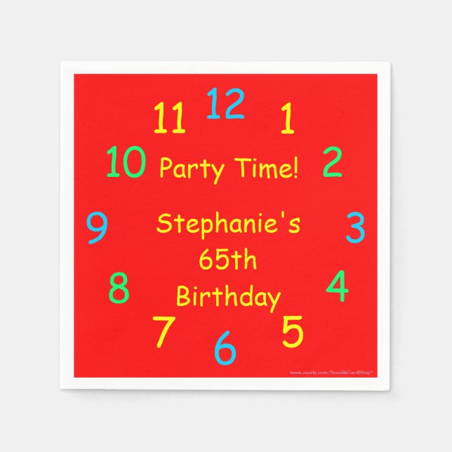 65th Birthday, Clock, Name, Red Paper Napkin (Front)