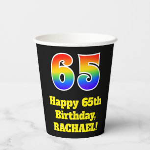 65th Birthday: Colourful, Fun, Exciting, Rainbow 6 Paper Cups