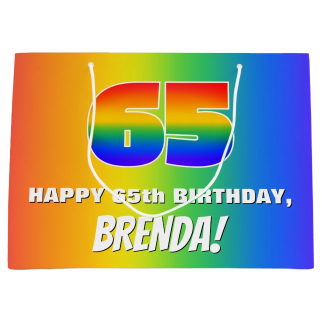 65th Birthday: Colourful, Fun Rainbow Pattern # 65 Large Gift Bag (Front)
