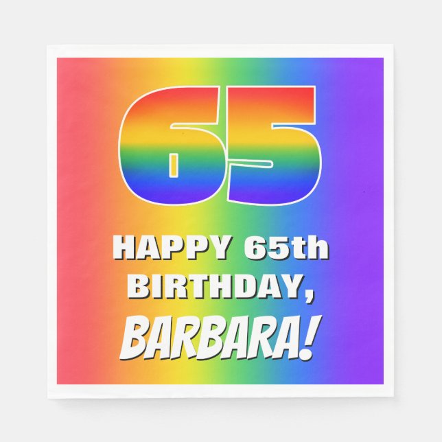 65th Birthday: Colourful, Fun Rainbow Pattern # 65 Napkin (Front)