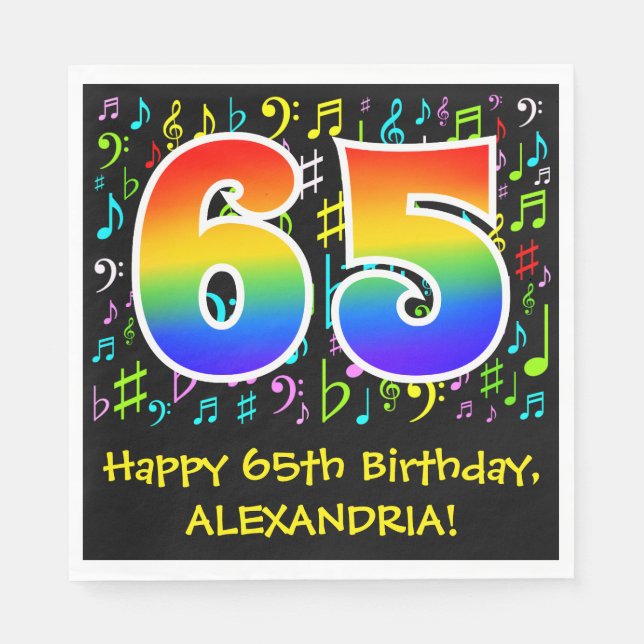 65th Birthday - Colourful Music Symbols, Rainbow 6 Napkin (Front)
