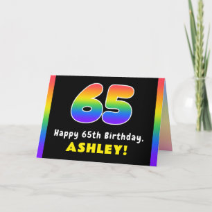65th Birthday: Colourful Rainbow # 65, Custom Name Card