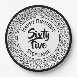 65th Birthday Cool  Number Pattern Black and White Paper Plate