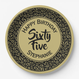 65th Birthday Cool  Number Pattern Gold and Black Paper Plate