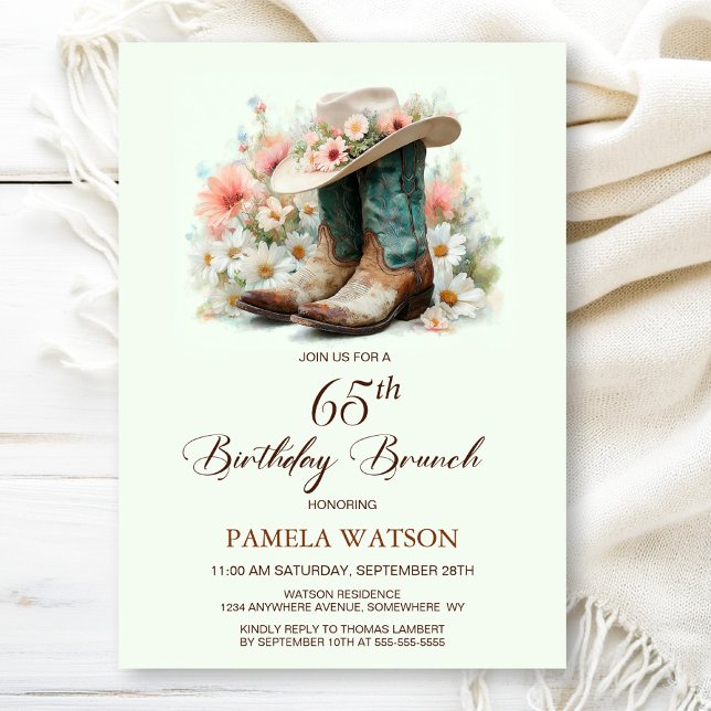 65th Birthday Cowgirl Boots Birthday Brunch Invitation (Creator Uploaded)