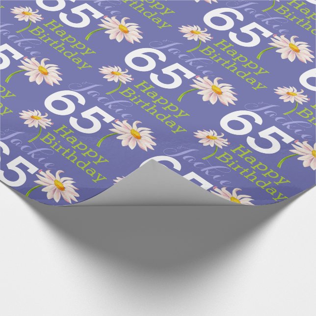 65th birthday daisy flower named peri blue wrapping paper (Corner)