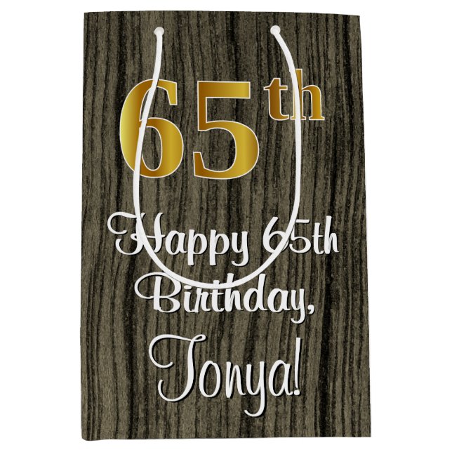 65th Birthday: Elegant Faux Gold Look #, Faux Wood Medium Gift Bag (Front)