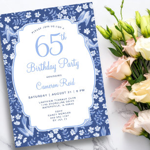 65th Birthday Elegant Feminine Floral Blue Bird Invitation