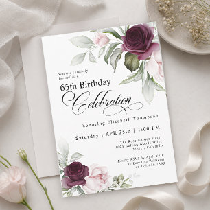 65th Birthday Elegant Floral Burgundy Blush Pink  Invitation