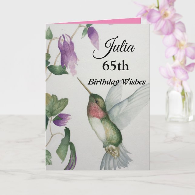 65th Birthday Elegant Hummingbird Watercolor Card (Orchid)