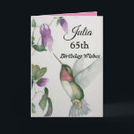 65th Birthday Elegant Hummingbird Watercolor Card<br><div class="desc">Celebrate her 65th birthday with an elegant hummingbird design on a charming greeting card. Created from my original watercolour painting, the lovely little bird and flower image will brighten the day for birdwatchers, gardeners and nature lovers. The special woman in your life will love the pastel colours of cream, pink...</div>