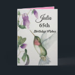 65th Birthday Elegant Hummingbird Watercolor Card<br><div class="desc">Celebrate her 65th birthday with an elegant hummingbird design on a charming greeting card. Created from my original watercolour painting, the lovely little bird and flower image will brighten the day for birdwatchers, gardeners and nature lovers. The special woman in your life will love the pastel colours of cream, pink...</div>