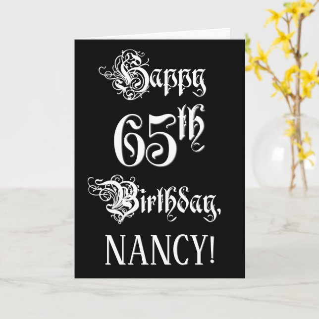 65th Birthday: Fancy, Elegant Script + Custom Name Card (Yellow Flower)