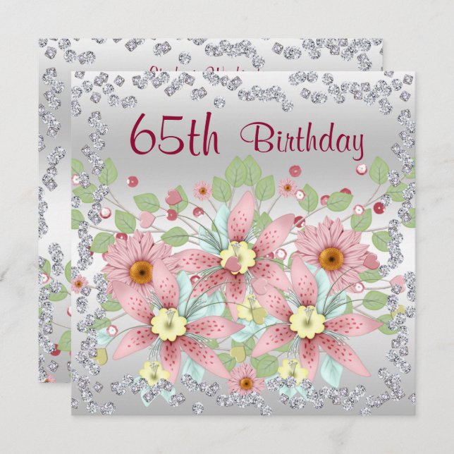 65th Birthday Floral Display & Diamonds Invitation (Front/Back)
