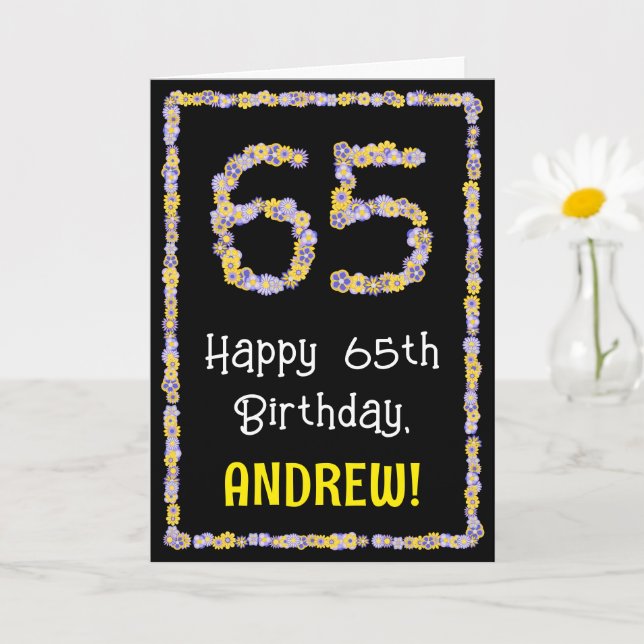 65th Birthday: Floral Flowers Number, Custom Name Card (Small Plant)