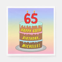 65th Birthday: Fun Cake and Candles + Custom Name