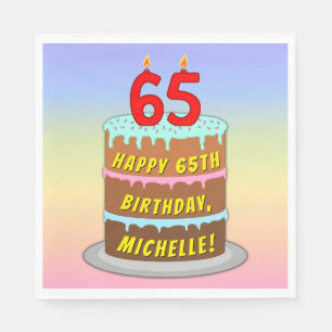 65th Birthday: Fun Cake and Candles + Custom Name Napkin