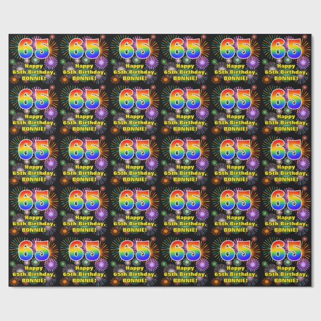 65th Birthday: Fun Fireworks, Rainbow Look # “65” Wrapping Paper (Flat)