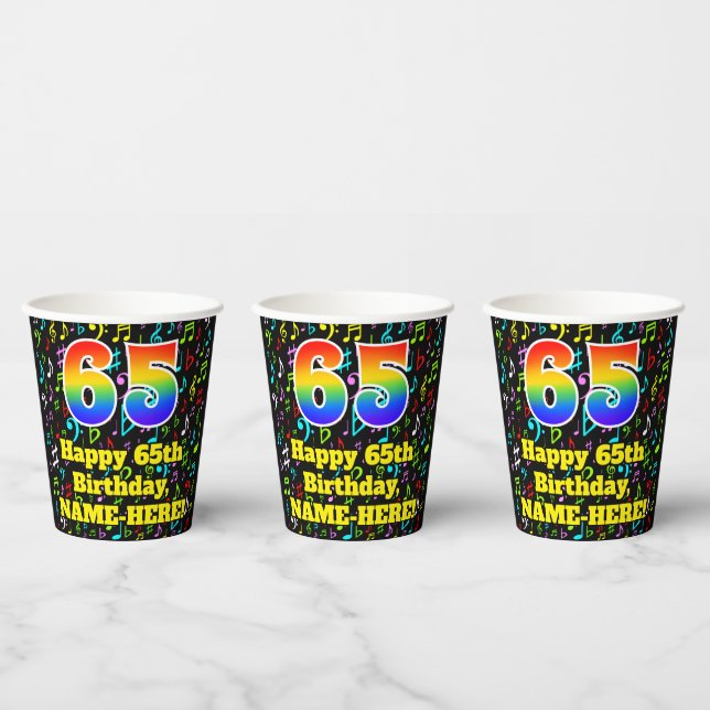 65th Birthday: Fun Music Notes Pattern, Rainbow 65 Paper Cups (Multi)