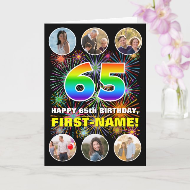 65th Birthday: Fun Rainbow #, Custom Name & Photos Card (Orchid)