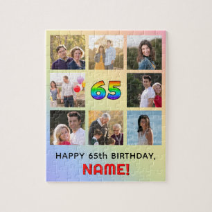 65th Birthday: Fun Rainbow #, Custom Name & Photos Jigsaw Puzzle