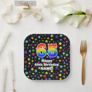 65th Birthday: Fun Stars Pattern and Rainbow “65” Paper Plate