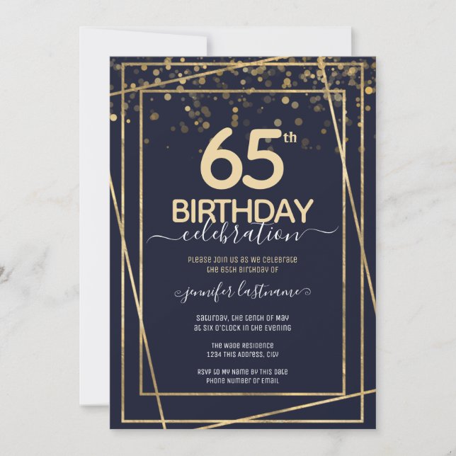 65th Birthday Gold and Blue Invitation (Front)