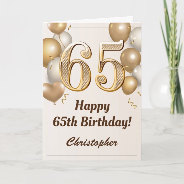 65th Birthday Gold Balloons and Confetti Birthday Card (Front)